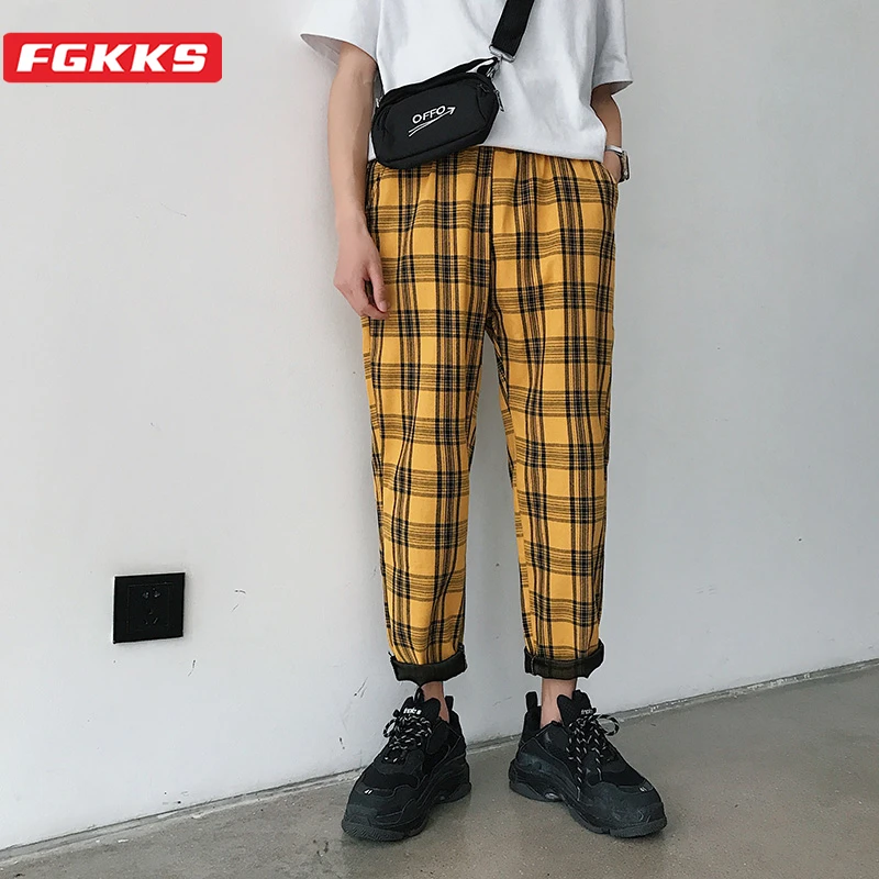 

FGKKS 2021 Brand Streetwear Plaid Pants Male Casual Joggers Mens Straight Trousers Plus Size Hip Hop Harem Pants Men