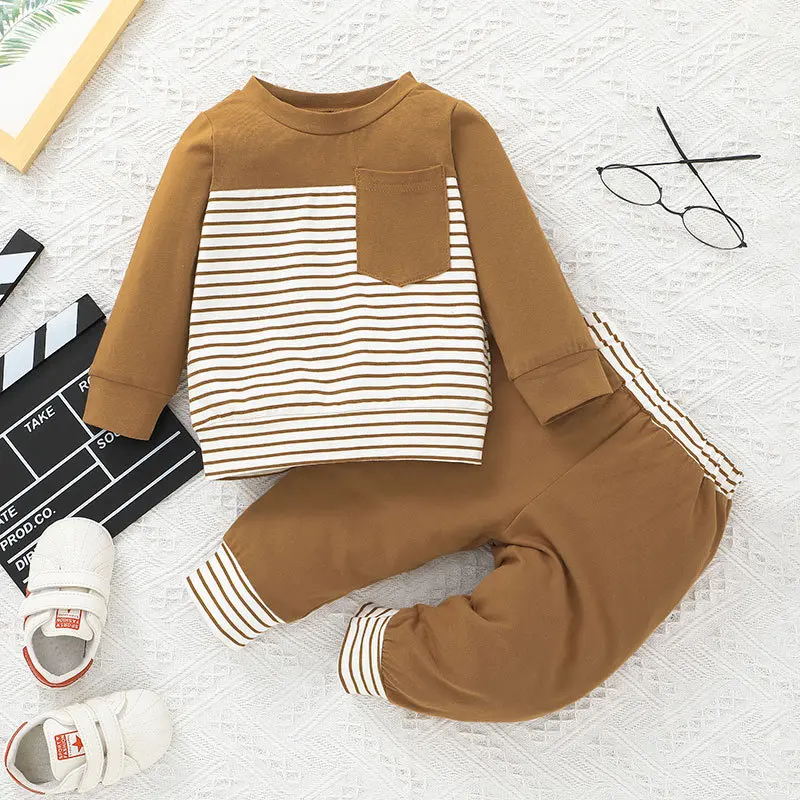 

Spring Autumn 2Pcs Baby Boys Casual Retro Clothing Sets Outfit Children's O-Neck Stripe Long Sleeve Tops Elastic Waistband Pants
