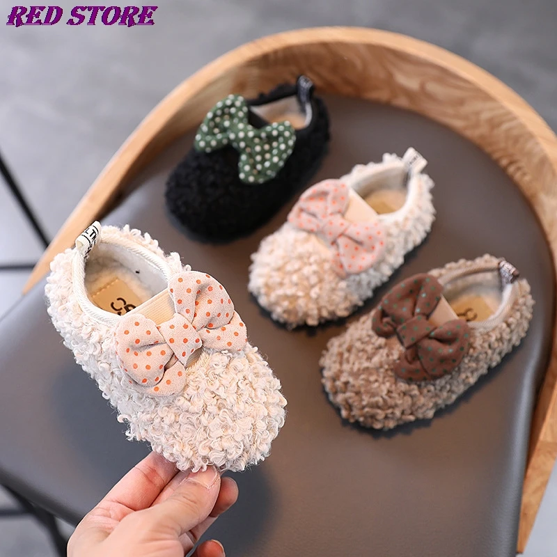 

2020 Winter Girls Shoes Wool Fur Slip on Shoes Kids Loafers Dot Bow Warm Cotton-Padded Shoes Non-slip Fluffy Kids Casual Shoes