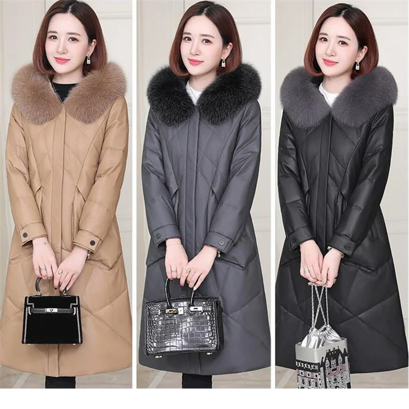 High-End Down Cotton Jacket Female pu Leather Mid-Length 2022 New Haining Faux Fur Slimming Temperament Sheepskin Jacket Wome