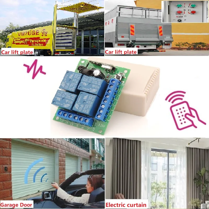 Wenqia 433MHz Universal Remote Control Switch DC12V 4CH Relay Receiver and Transmitter for Car lift plate\Garage gate Controller |