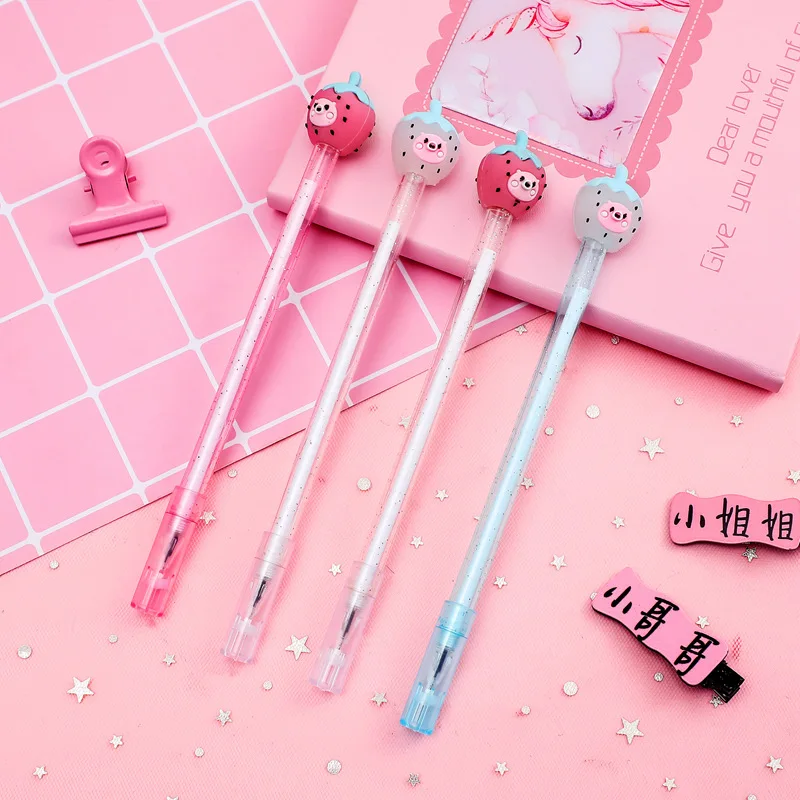 24 PCs Creative Strawberry Head Gel Ink Pen 0.5mm Cute Student Supplies Office Stationery Wholesale Students Exam Signature Pen