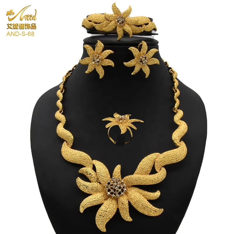 

ANIID Flower Necklace Sets For Women Indian Jewelery Bridal Gold Earrings Luxury Bracelet Rings Hawaiian Wedding Accessories