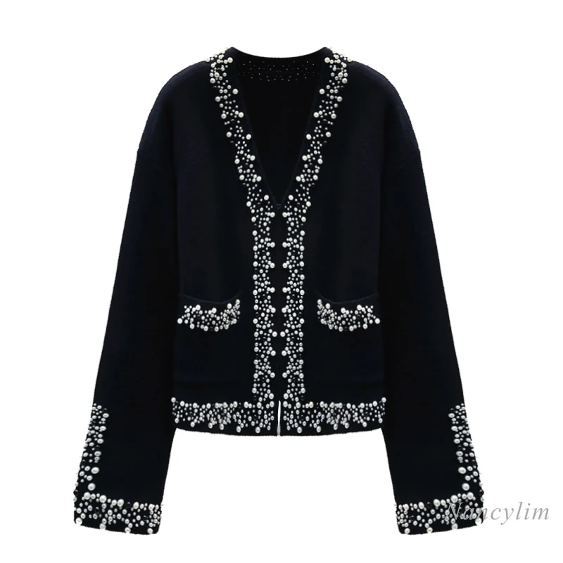 

Black Cardigan Woman Autumn Beaded V-neck Knitted Coat Women's 2020 New Style Loose Outer Cropped Cardigans Female