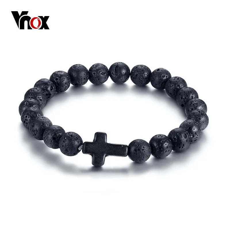 Vnox с вулканической энергией Лава камень черный красный браслеты крестообразной