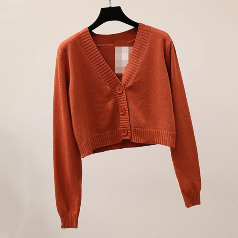 

Autumn Winter Small Bust Women Short Crop Top V Neck Knitted Button Up Cardigan Knitted Korean Sweater Femme Jersey Clothes