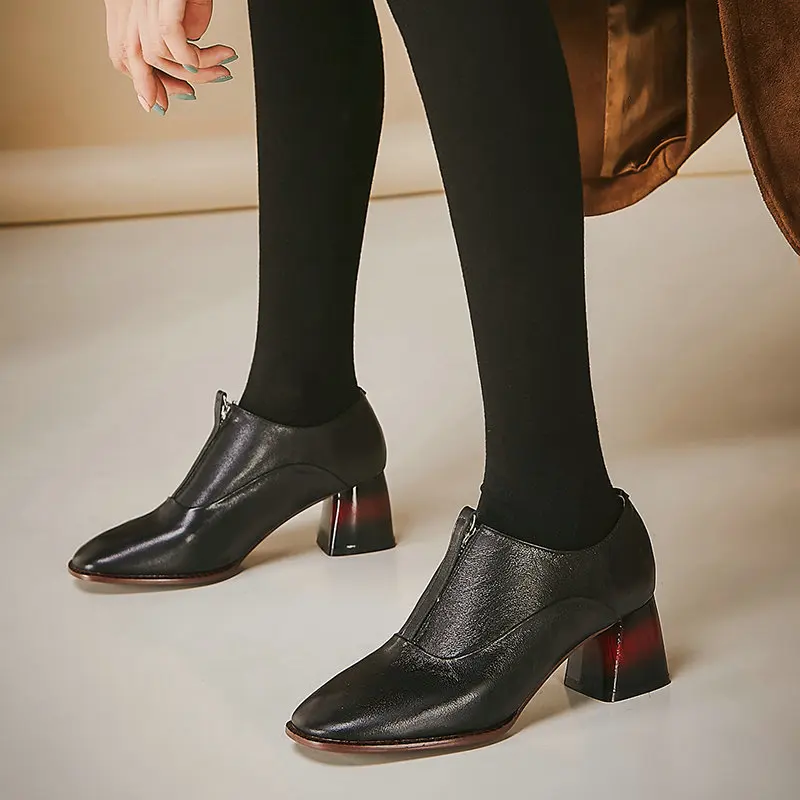 

Genuine Leather Woman Shoes Black Beige Round toe High Heels Shoes Slip On Spring Autumn Woman High Heels Dress Party Pumps