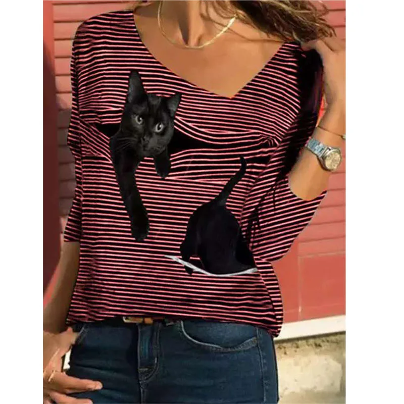 

Spring Autumn Casual Funny Cute Cat 3D Printed Tops Women Long Sleeve V Neck Stripe T Shirt Lady Street Hipster Loose Pullovers