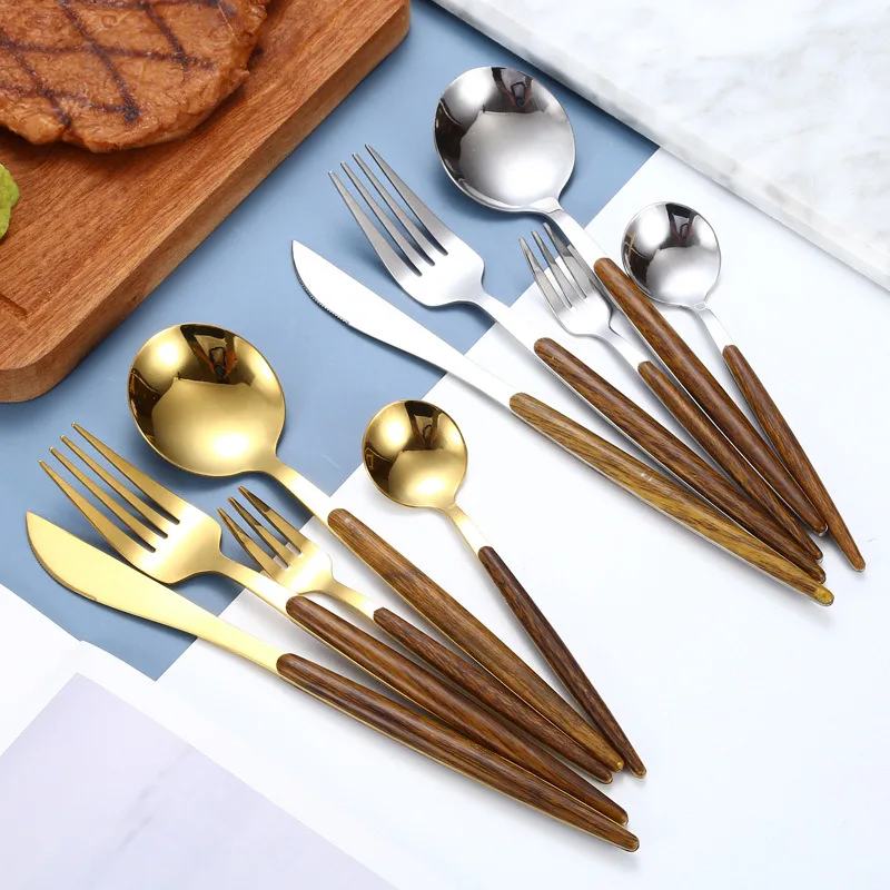 

New Simple Stainless Steel Knife Fork Spoon Dinnerware Imitation Wood Grain Clamp Handle Steak Cutlery Tableware Gift Supply