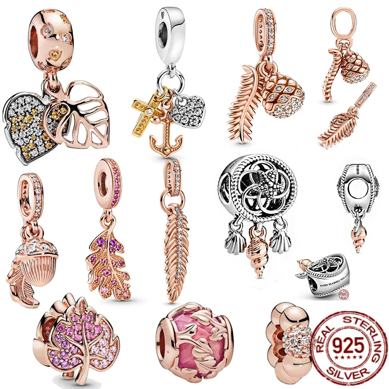 

925 Sterling Silver Rose Gold Series Roses Charms Leaf Beads Fit Original Pandora Bracelets Bangle For Making Women DIY Jewelry