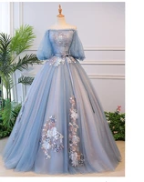 luxury fashion women blue off shoulder sexy wedding evening party dresses puff sleeve embroidery mesh ball gown
