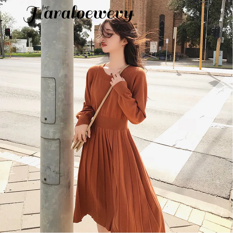 Корейское платье-свитер весенние женские новые вязаные свободные винтажные