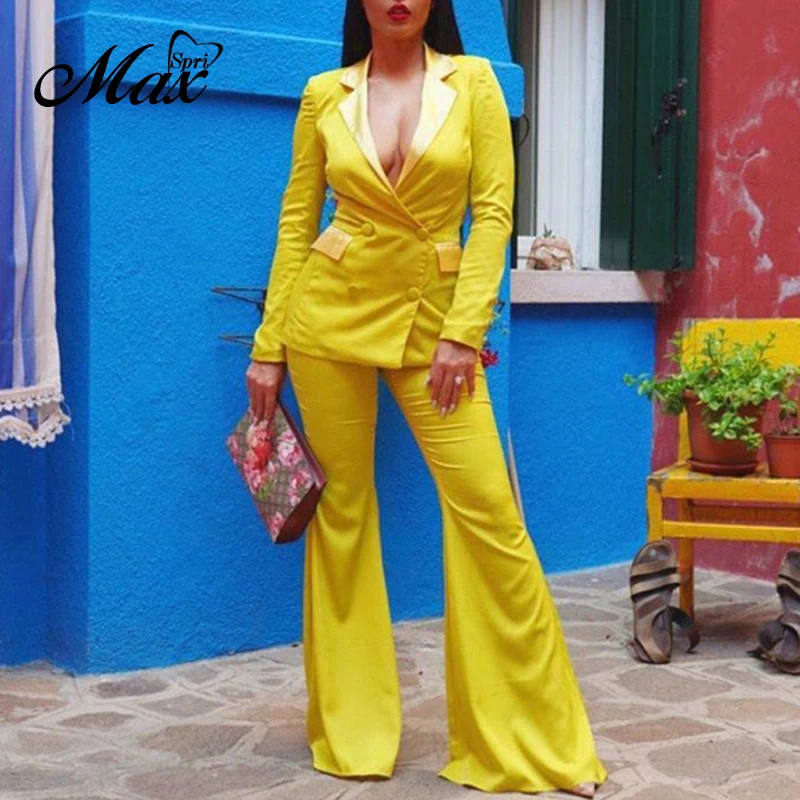 

Max Spri Women Office Lady Notched Collar Full Sleeve Blazer And Flared Pant Suits 2019 Autumn New Fashion 2-Piece Sets Yellow