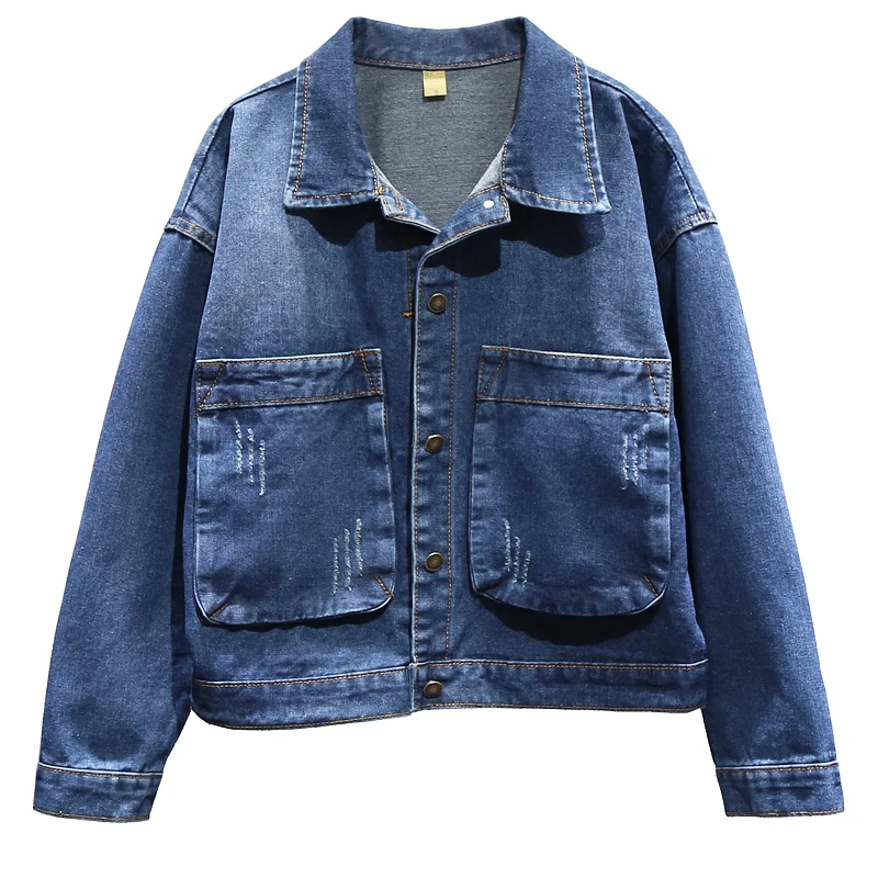 Женская джинсовая куртка из потертого хлопка повседневная короткая с большими
