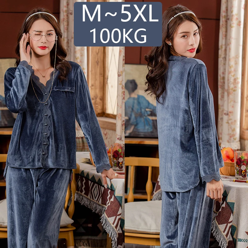 

Large 5XL Velvet Pajama Set Flannel Warm Pajamas For Women Long Sleeve Home Suit Sleepwear Housewear Lounge Clothes 5XL
