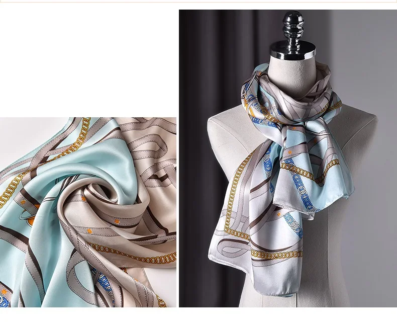 

Vintage 100% Silk Scarf Cape Women's Long Shawl Wraps Party Accessories Light Blue L'175*55CM