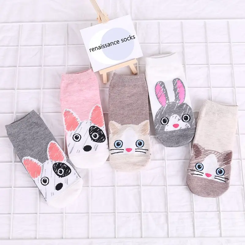 5Pairs/Lot Ankle Socks Women Cartoon Animals Kawaii Japanese Cat Bear Dog Fruit Pattern Girls Happy Funny Short Socks 28 Styles