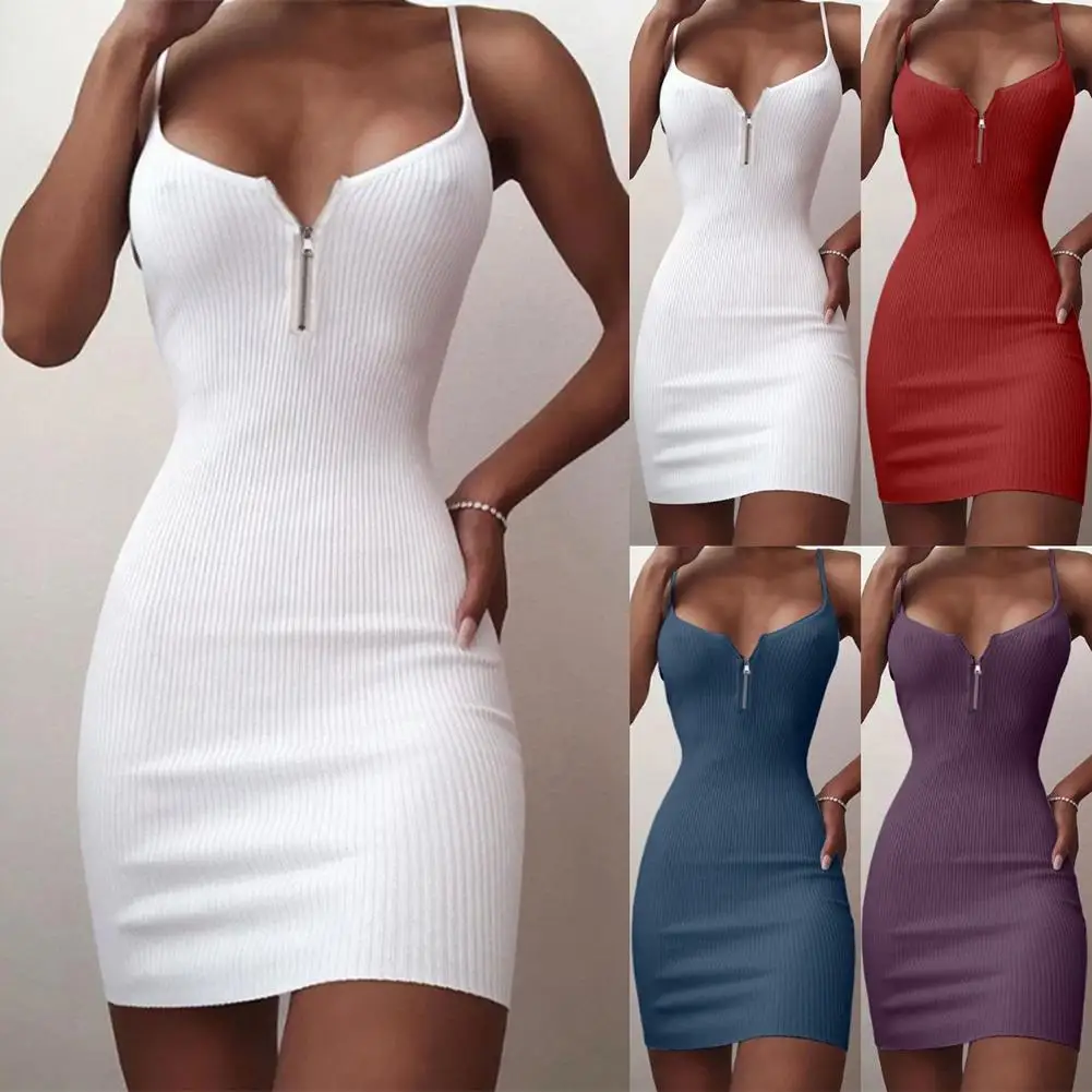 Женское сексуальное однотонное платье без рукавов с v образным вырезом Ребристое