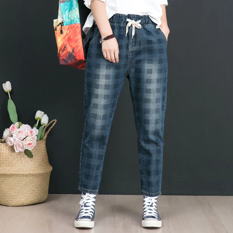 

Autumn New Arts Style Women Elastic Waist Loose Cotton Denim Harem Pants Vintage Plaid Casual Jeans Plus Size High Quality D556