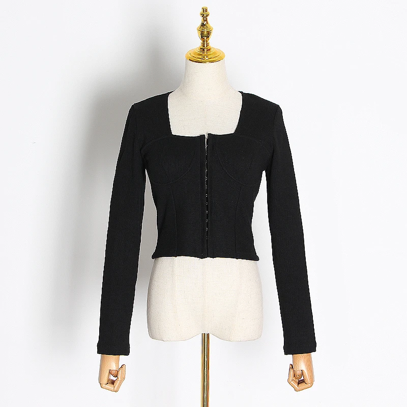 

GALCAUR Korean Sexy Sweater For Women Square Collar Long Sleeve Patchwork Short Knitted Sweaters Female 2020 Autumn Fashion Tide