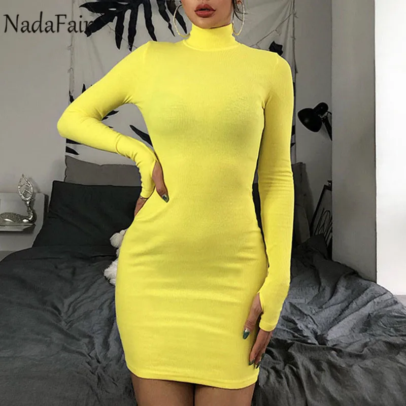 Платье мини женское однотонное с длинным рукавом и высоким воротом|Женские