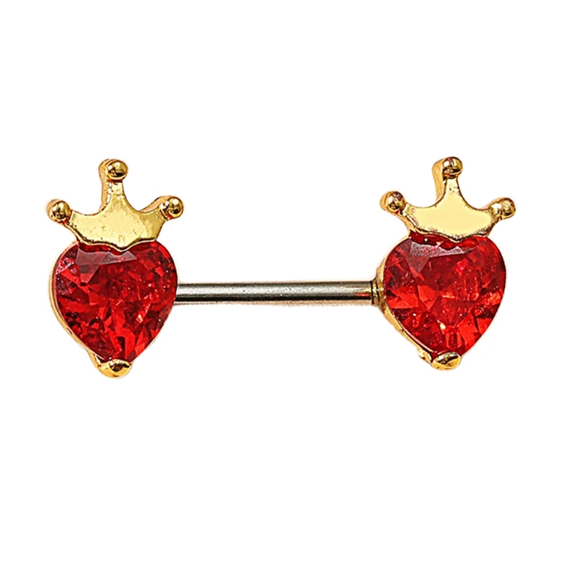 

2Pcs Heart-shaped Crown Crystal Woman nipple piercing red Zircon Nipple Ring Sexy body jewelry Bar-bell stainless steel ring