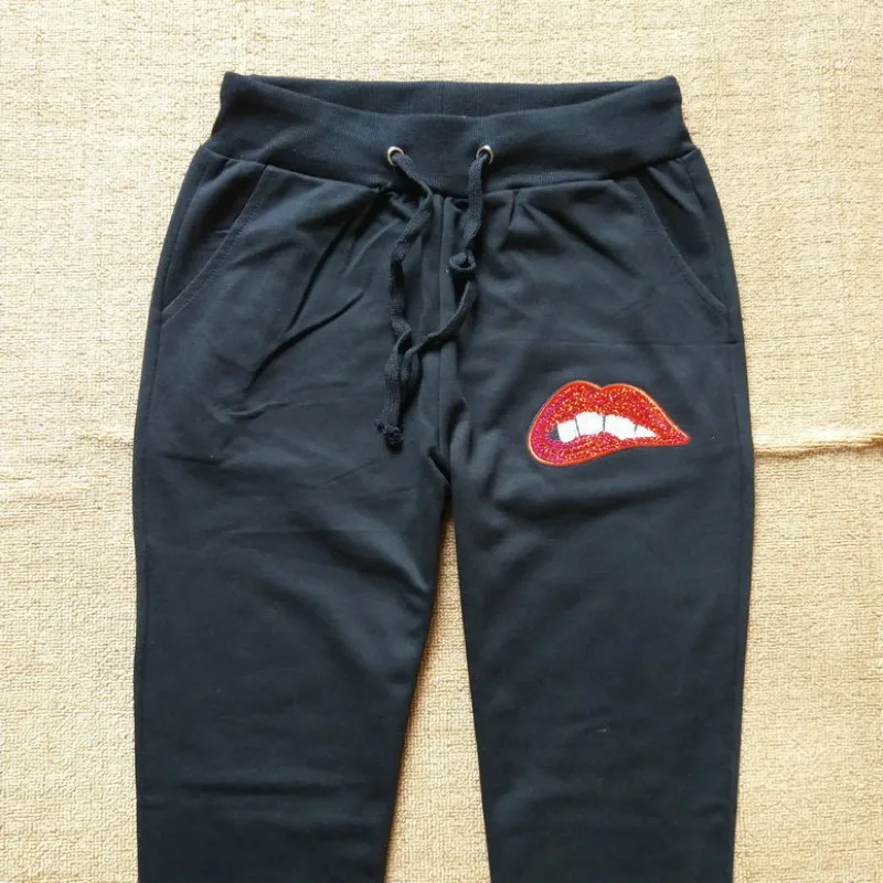 

Pants Set Women Summer 2020 Sequin Lips Casual 2 Piece Set Black Mujer Pantalones Two Piece Set Top and Pants Pantalon Femme