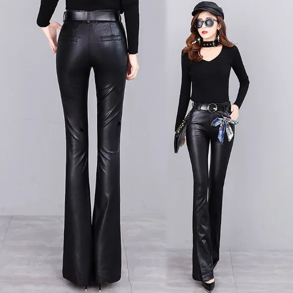 

Spring Autumn Women's Leather Flared Pants Women High Waist Pants Faux Leather Trousers Women Fashion Slim PU Flare Pants Female