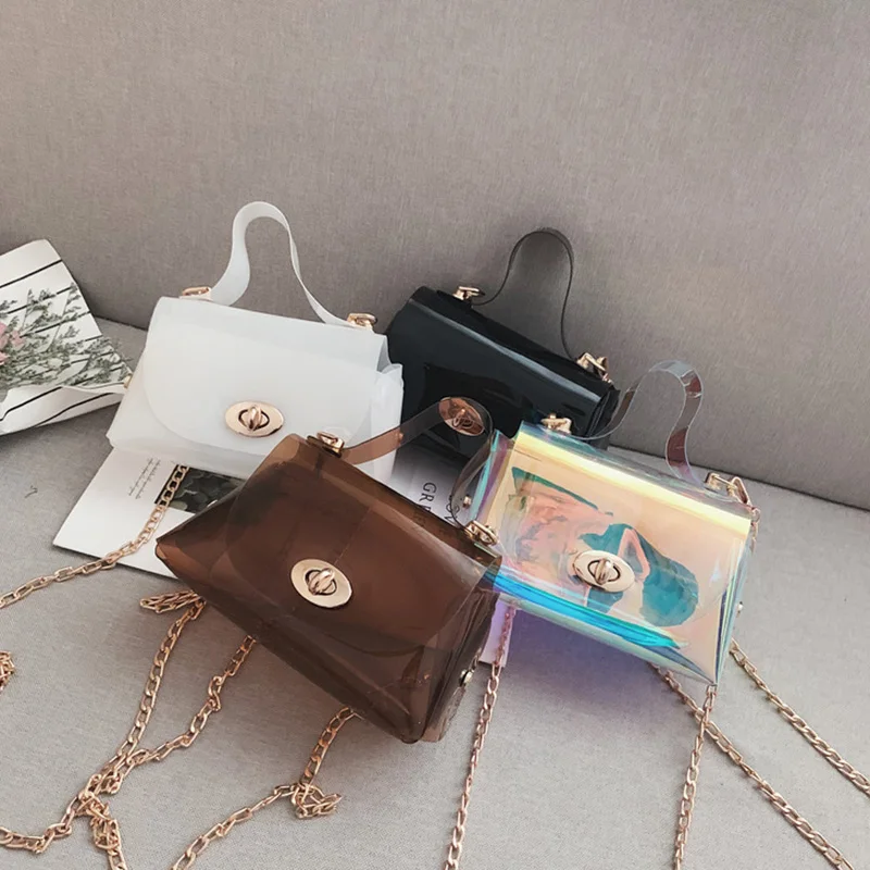 New Fashion Personality Wild Transparent Jelly Chain Shoulder Slung Small Square Bag |