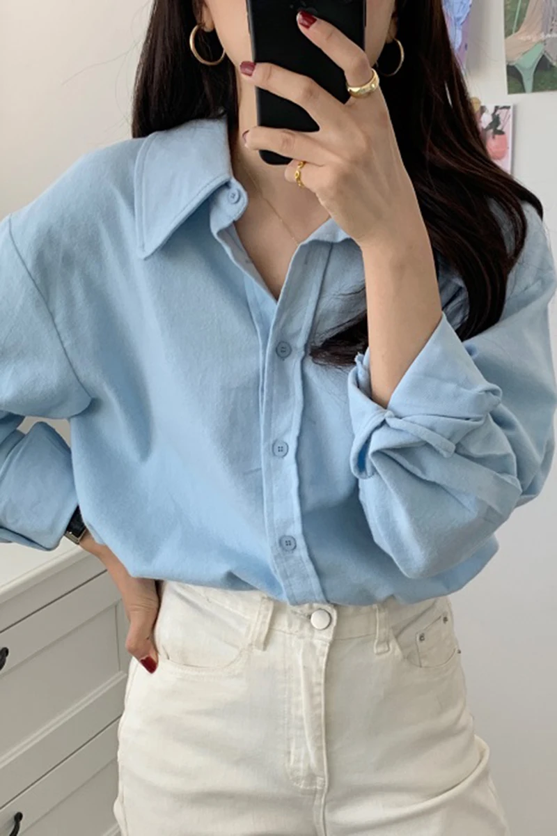 

Korean chic Candy-colored Skin Lapel Single-breasted Loose Joker Long Sleeve Sanded Shirt Top Female