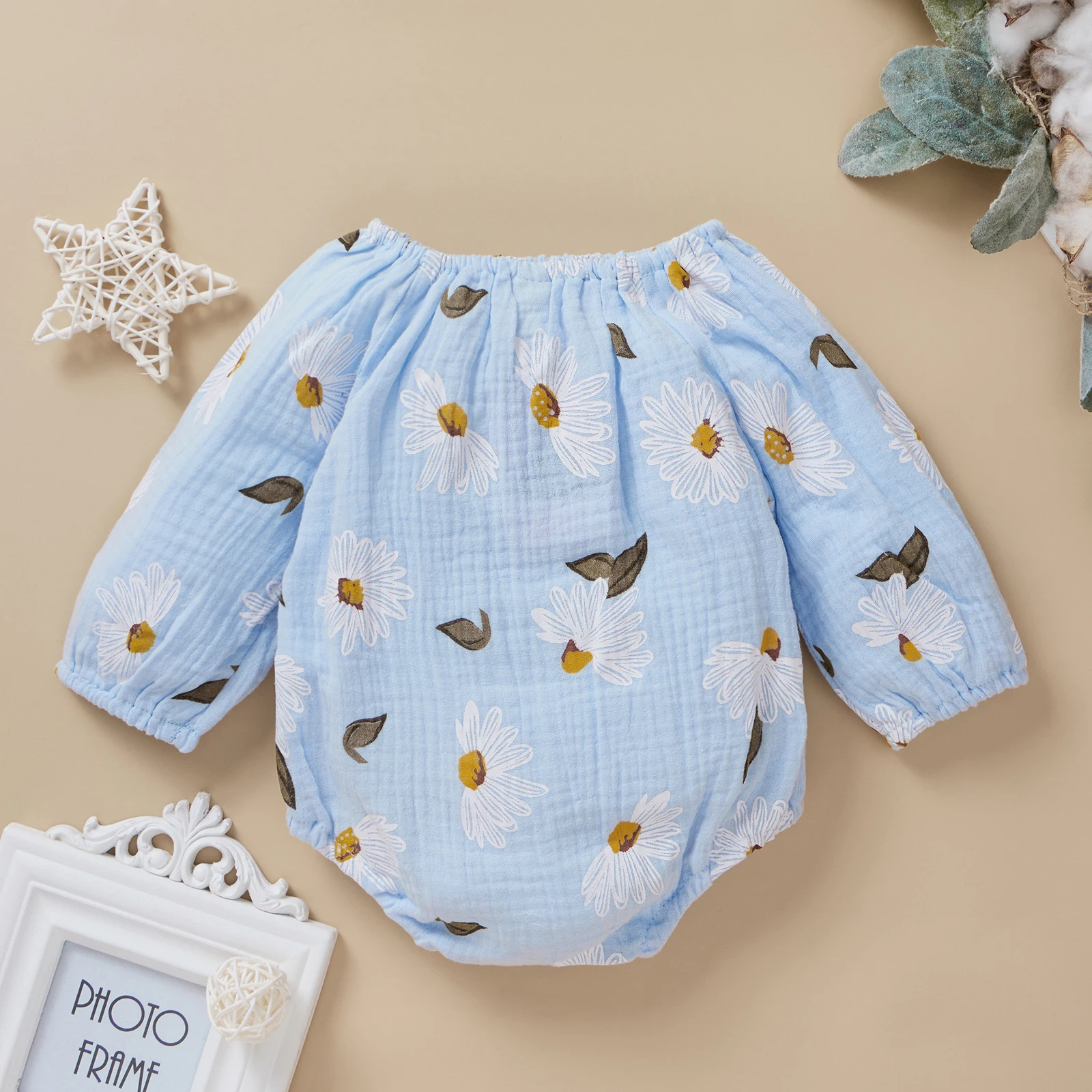 

Baby Romper Girls 0-24M Sunflower Print Round Neck Long Sleeve Bodysuit Playsuits for Summer Fall Blue
