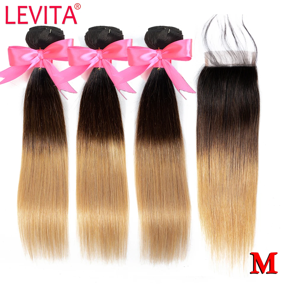 1B/4/27 медовый блонд пряди с закрытием бразильские прямые человеческие волосы 3 не