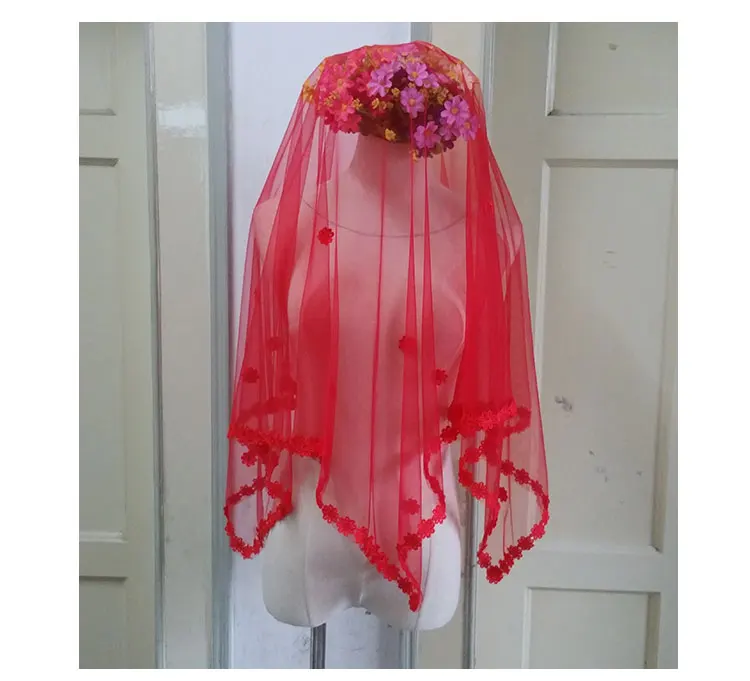 Недорогая красная свадебная фата JIN IS YARN однослойная короткая свадебные