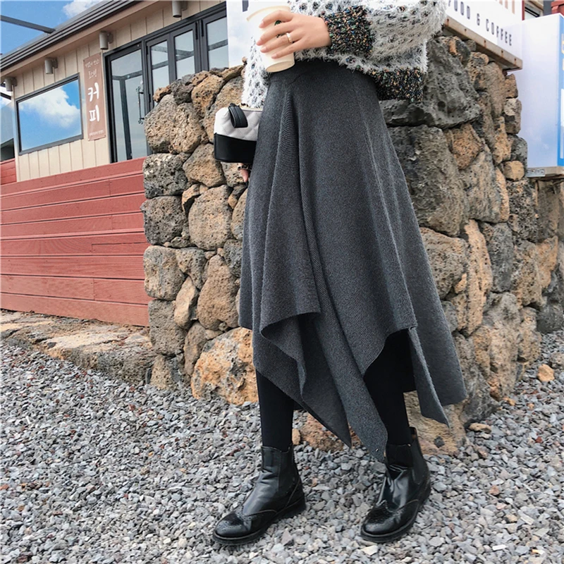 Женские вязаные юбки, осень и зима, новинка, ретро стиль, a-lineskirt, высокая талия, длинная юбка, черный, серый, хаки, нестандартная плиссированная юбка