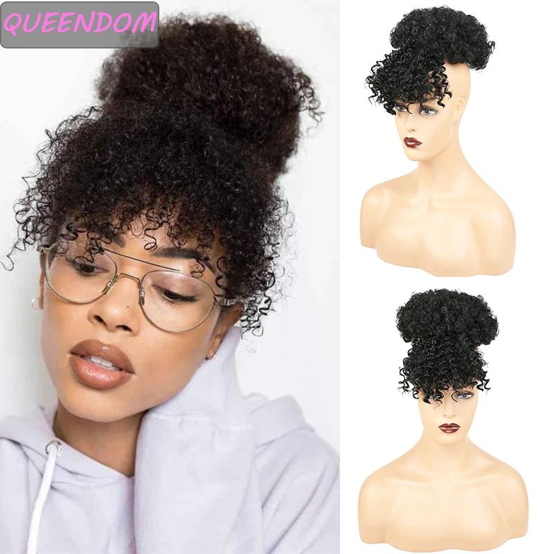 

Afro Kinky Curly Drawstring Ponytail with Bangs Afro American Puff Ponytail Synthetic Hair Bun Clip In Pony Tail Hair Extensions