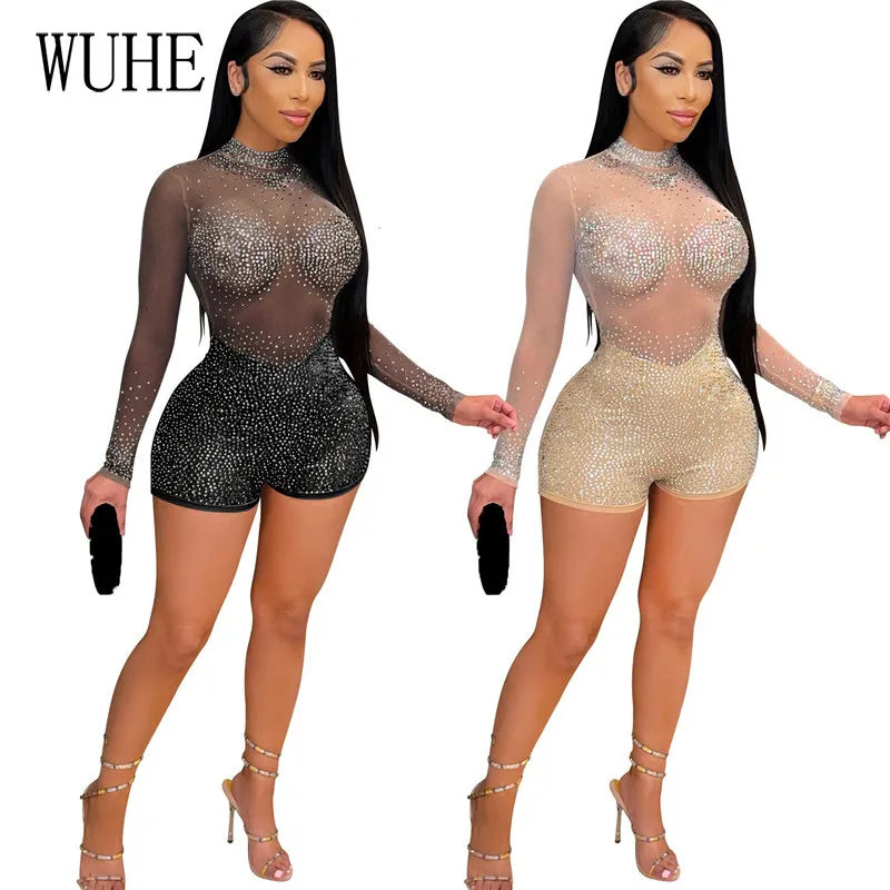 

WUHE Hot Drilling Diamond Playsuits See Through O Neck Long Sleeve Sexy Package Hip Skinny Party Nightclub Casual Overalls