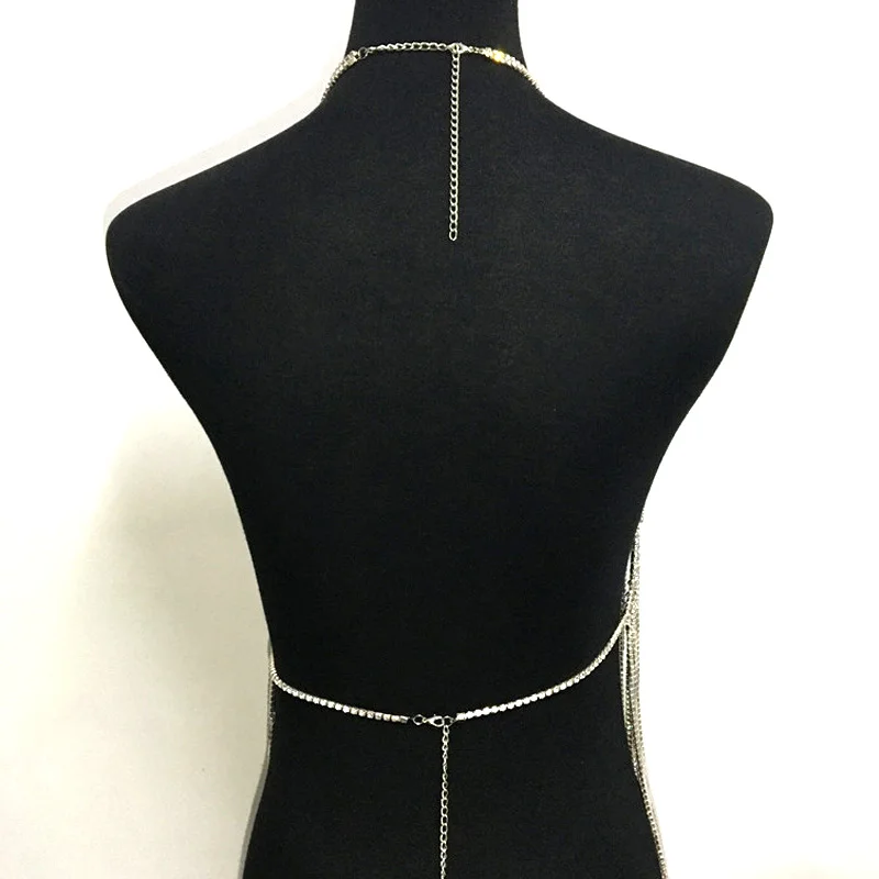 

Glitter Crystal Fringe Crop Top Chain Bra V Neck Bralette EDM Burning Man Tassel Body Lingerie Festival Outfit Carnival Jewelry