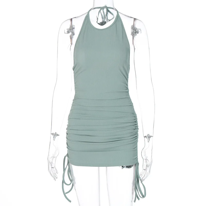 

2021 Summer Drawstring Ruched Sexy Halter Backless Mini Dress Sleeveless Club Party Dresses Womens Bodycon Clothes