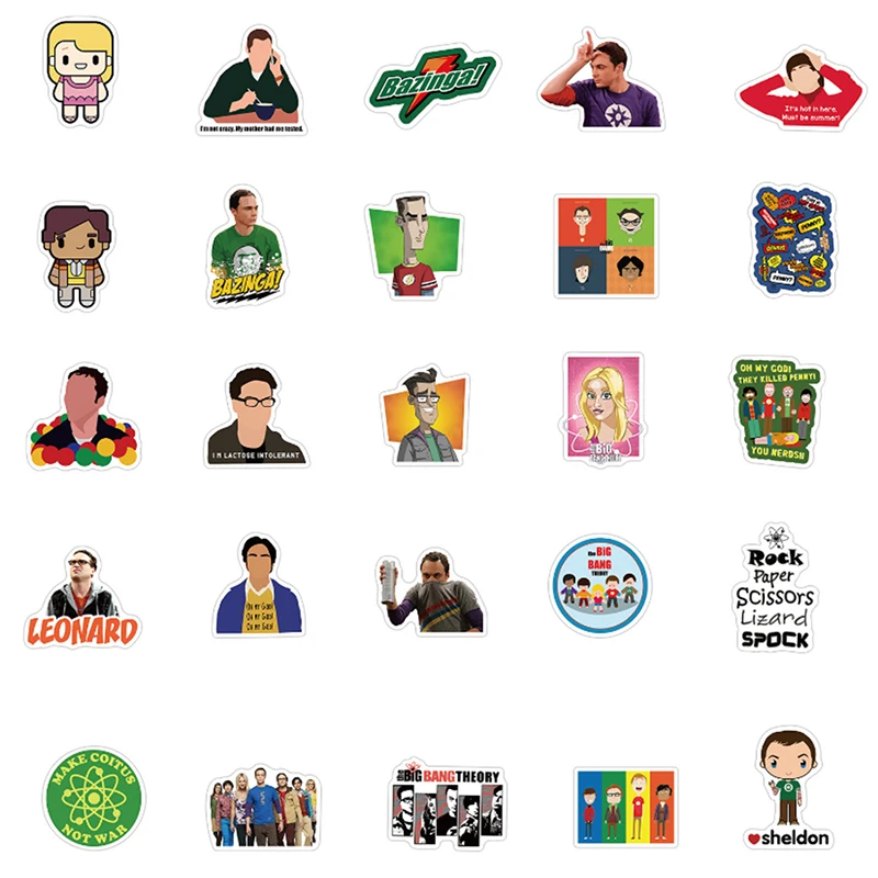 Pegatinas de la serie de TV Big Bang Theory para ni&ntilde;os, calcoman&iacute;as impermeables para equipaje, coche, port&aacute;til, skate de nevera, 10/30/50 Uds.-5
