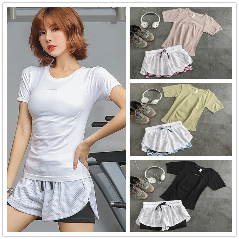

2Pcs Quick Drying Women Outdoors Sports Yoga T-shirt+Shorts Stretch Breathable Running Dancing Gym Fitness Cycling Workout Tops