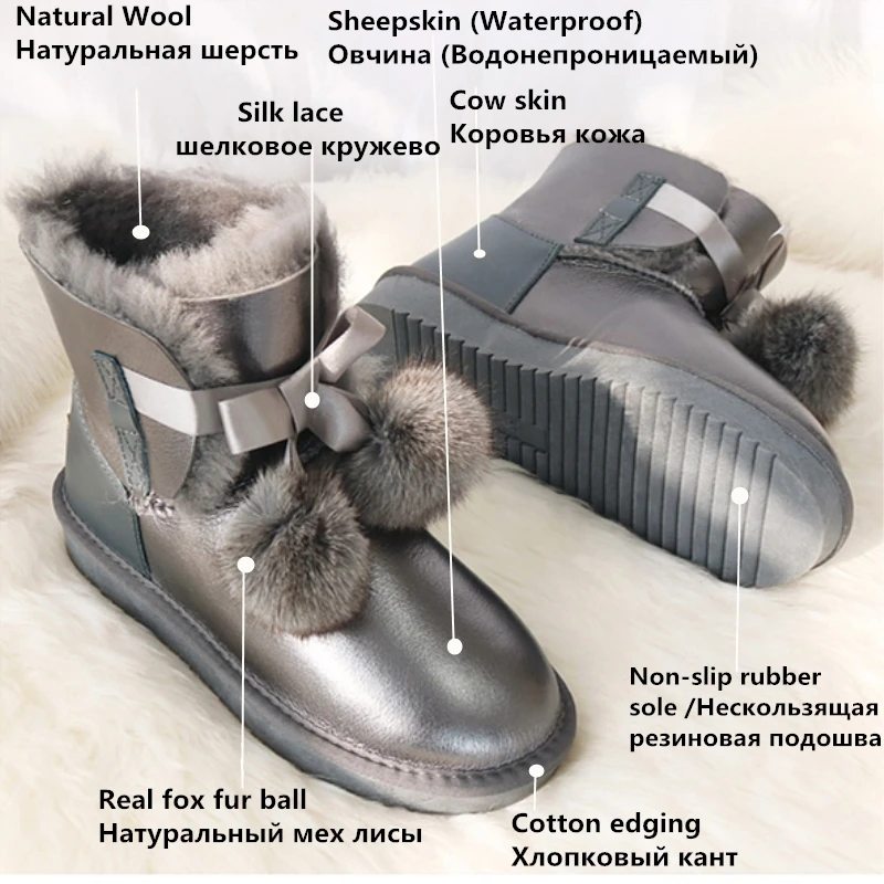G& Zaco/роскошные ботинки из натуральной овечьей кожи; женская обувь из овечьей шерсти; женские водонепроницаемые зимние ботинки; зимние кожаные ботинки с бантом; обувь с лисьими помпонами