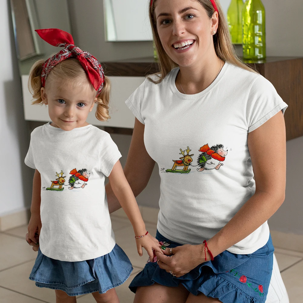 

Christmas Women T Shirt Hedgehog Is Pulling The Reindeer Prinend Cartoon T Shirt Family Matching Dress Matching family Clothes