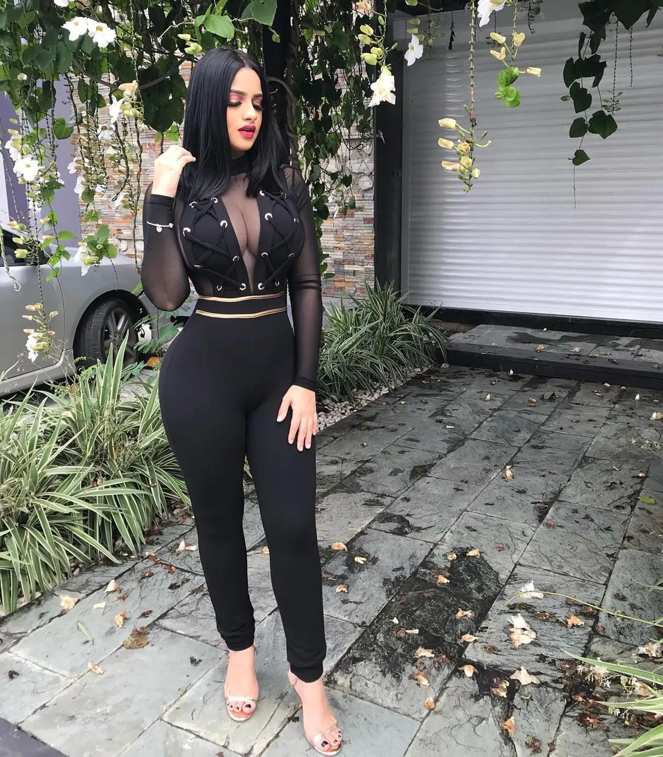 

2021 Black Women Sexy See Through Mesh Jumpsuit Long Sleeve Bandage Rompers Female Splice Overalls Bodycon Nightclub Playsuit