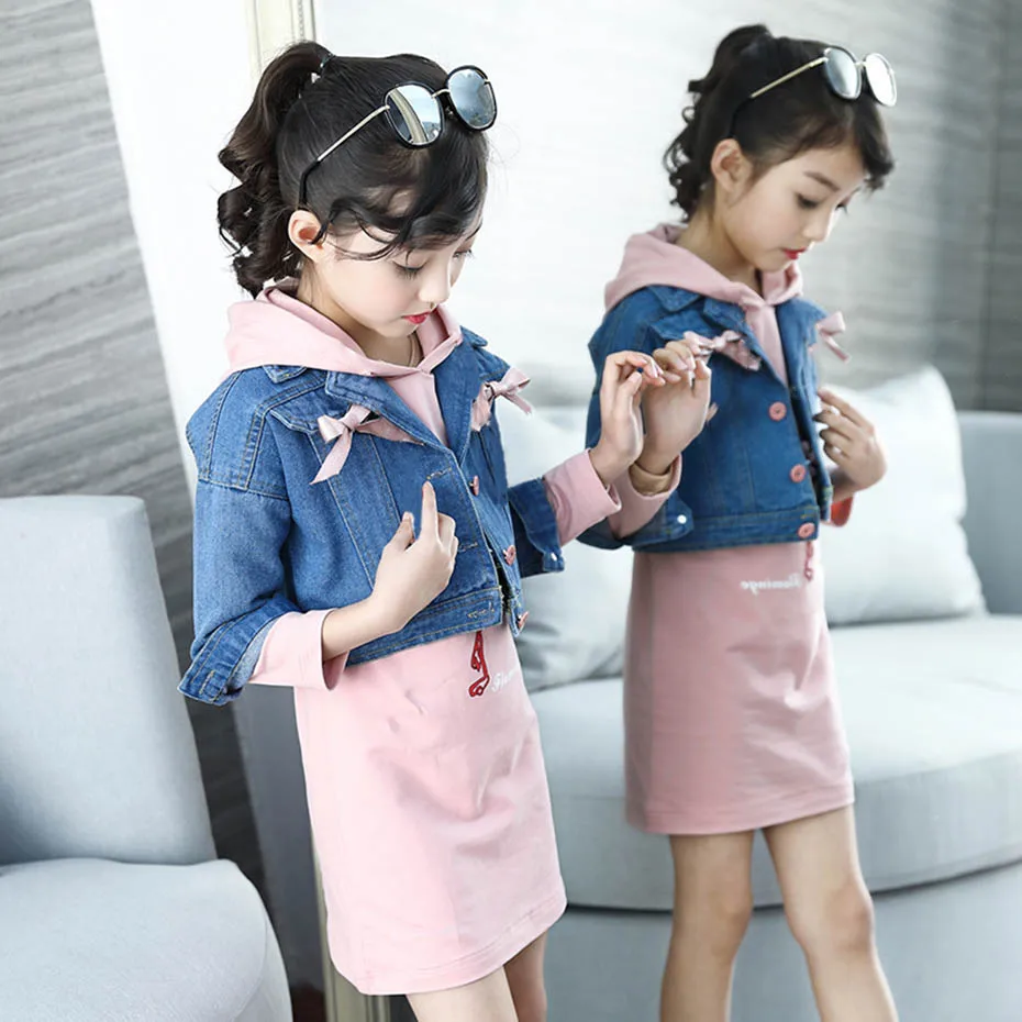 Детская одежда джинсовая куртка + платье комплекты из 2 предметов для девочек
