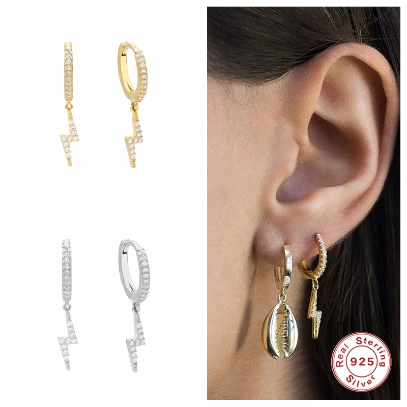KOJ 925 Sterling Silver Earring for Women Lightning Cross Hoop Earrings Piercing Earings Jewelry Round Earring Pendientes Plata superwear 925 sterling silver hoop earrings with charm yellow gold color women men round coin pendant earring vintage jewelry