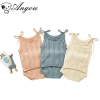 angou 2021 summer new baby clothing toddler girls knitted suit hollow out camisolebloomer 2pcs sleeveless outfit baby clothing