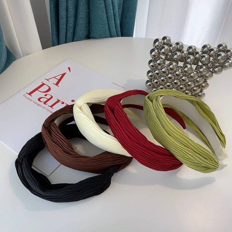 

Новая Элегантная плиссированная широкополая повязка на голову фиолетовая розовая Освежающая модная повязка на голову с узлом в Корейском ...