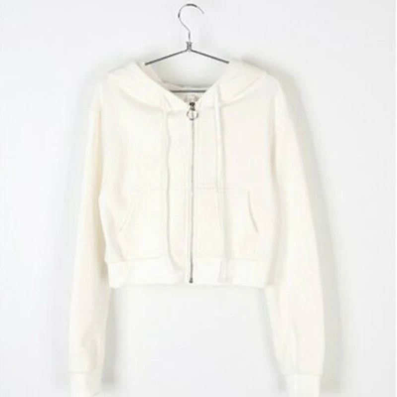 Женская толстовка с капюшоном однотонная короткая на молнии в стиле Харадзюку