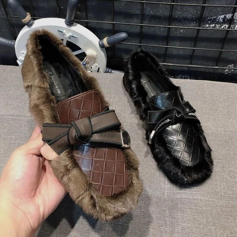 

2021 Autumn and Winter New Low-top Square Head Casual Shoes Plus Velvet Warm Bean Shoes Boat Shoes Women's Shoes