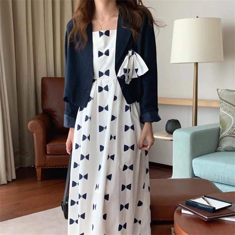 

Alien Kitty French Sweet Gentle Girls Women Suits New Chic Printed Slip Dress Black 2021 Autumn Hot High Waist Slim Blazer Coats